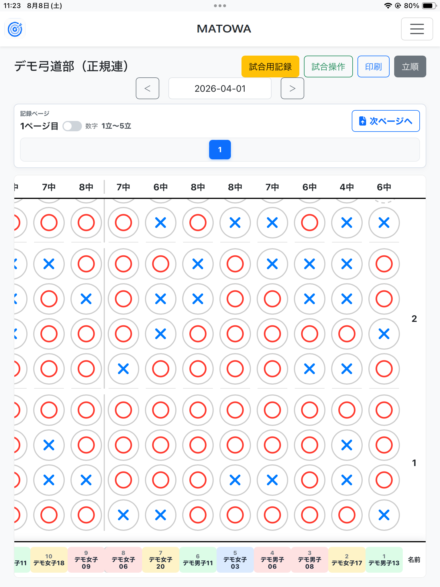 複数人の的中結果を一つの画面で記録できるMATOWAの記録画面
